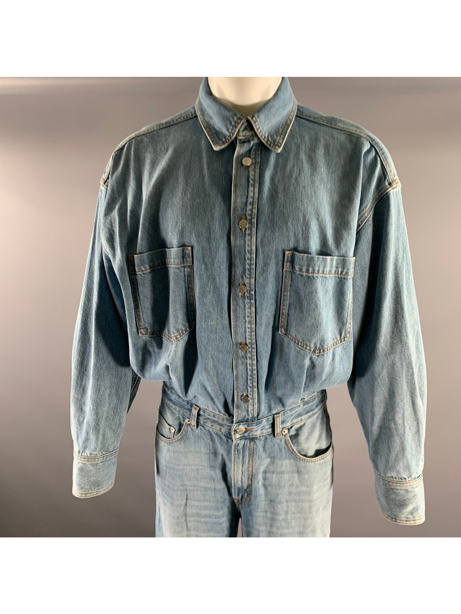 Haikure Size L Blue Light Blue Contrast Stitch Cotton Blend Jumpsuits & Overalls